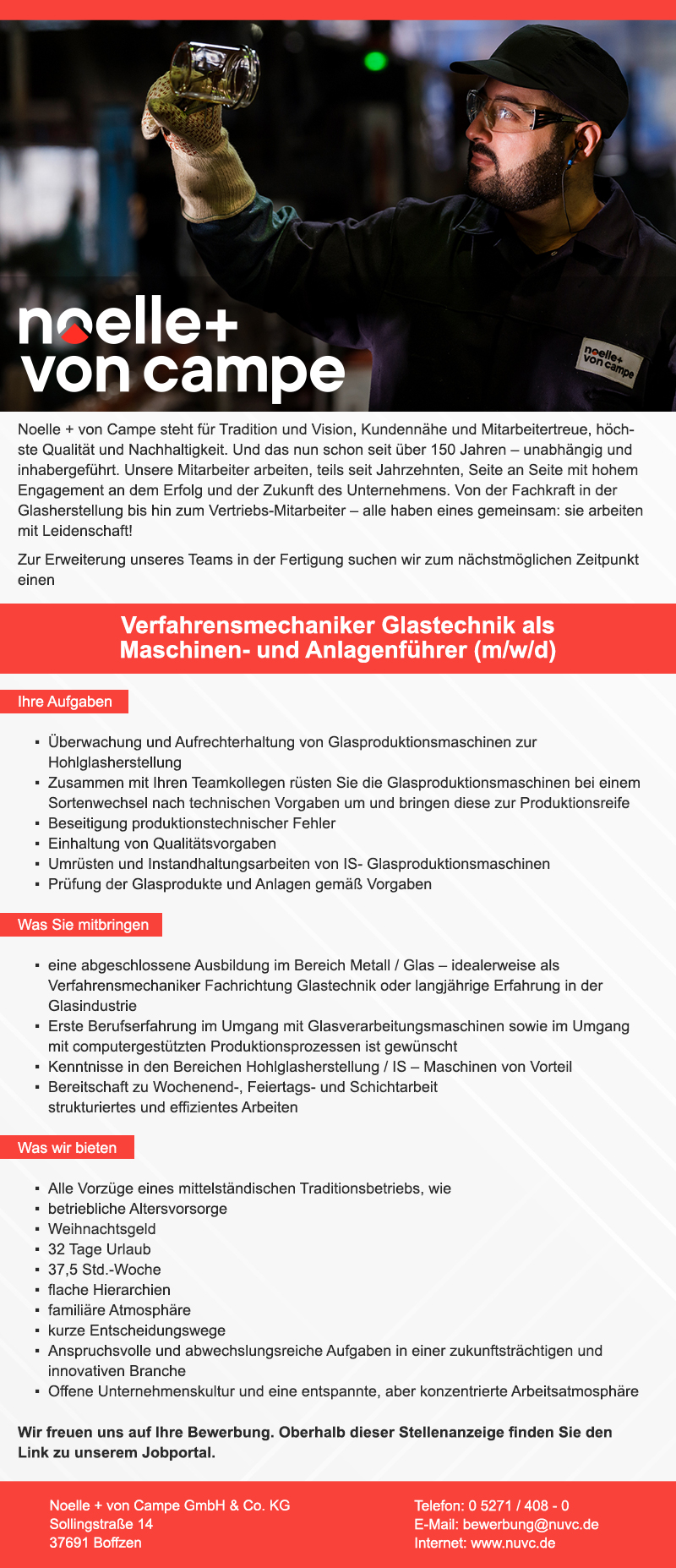 Verfahrensmechaniker Glastechnik als Maschinen- und Anlagenführer (m/w/d) - Noelle + von Campe GmbH & Co. KG