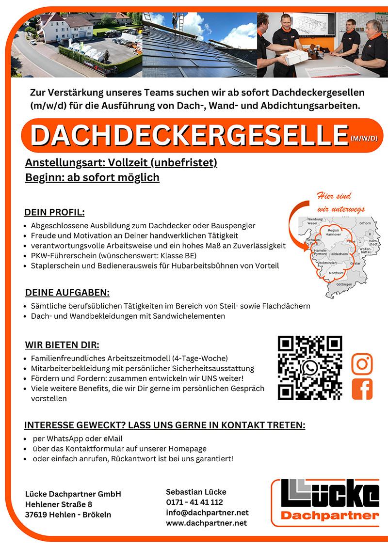 Dachdeckergeselle/in (m/w/d) - Lücke Dachpartner GmbH