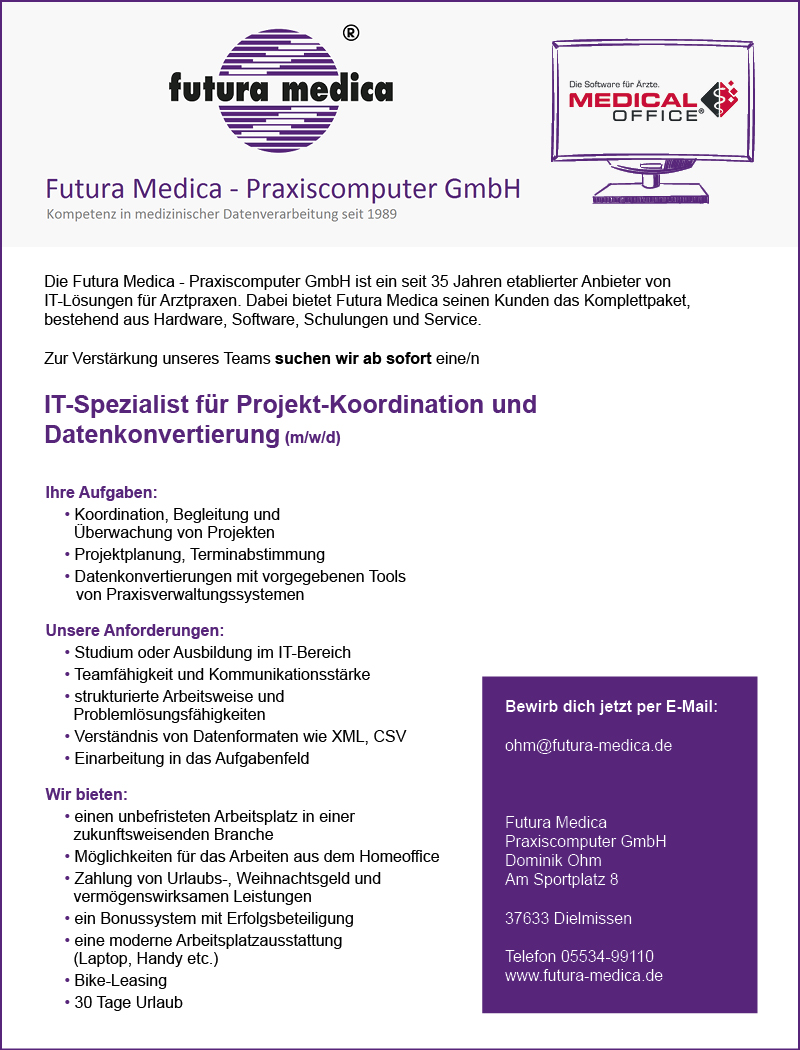 IT-Spezialist für Projekt-Koordination und Datenkonvertierung (m/w/d) - Futura Medica - Praxiscomputer GmbH