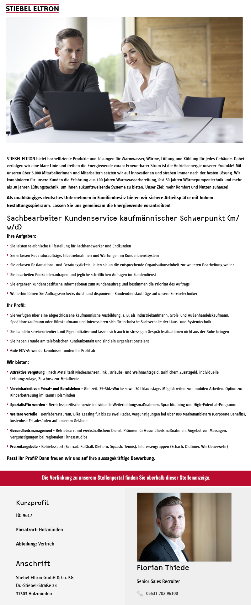 Sachbearbeiter Kundenservice kaufmännischer Schwerpunkt (m/w/d) - Stiebel Eltron GmbH & Co. KG