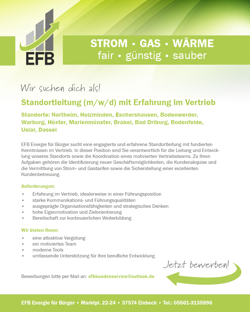 Standortleitung (m/w/d) mit Erfahrung im Vertrieb - EFB Energie für Bürger Einbeck