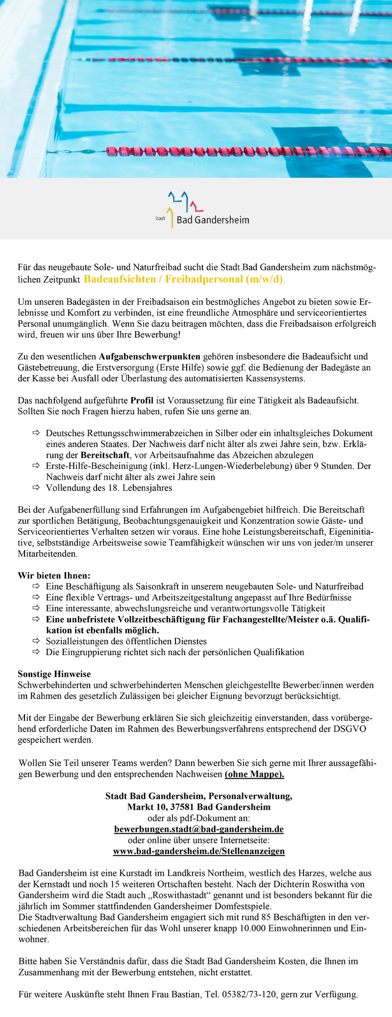 Badeaufsicht/Freibadpersonal (m/w/d) - Stadt Bad Gandersheim 