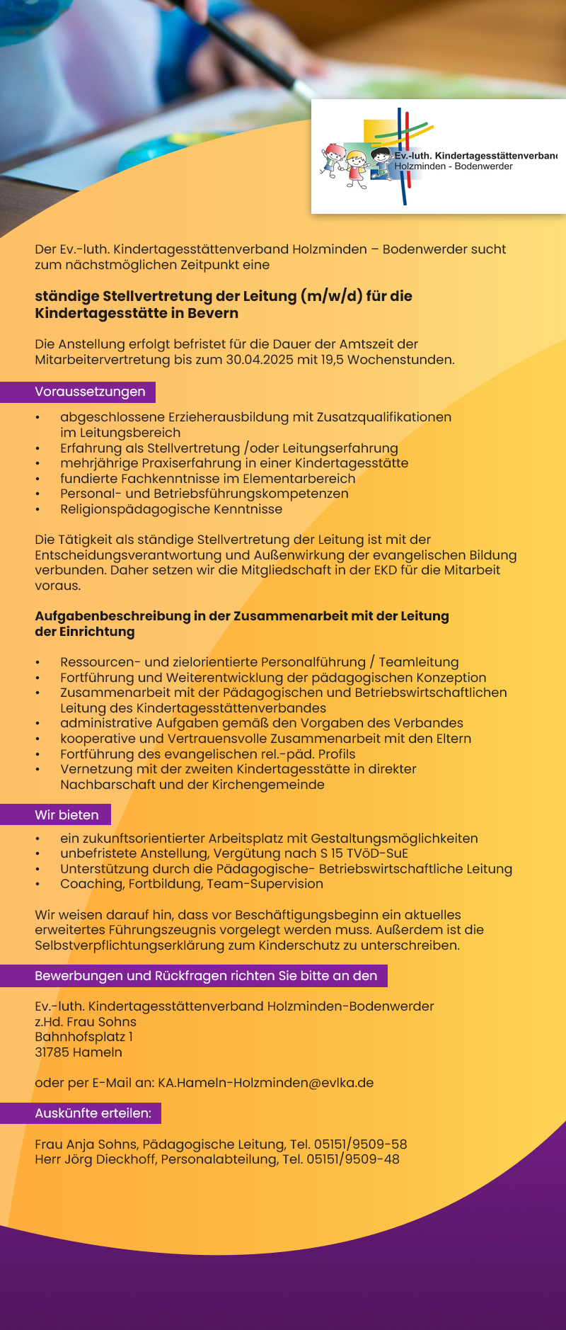 Ständige Stellvertretung der Leitung (m/w/d) für die Kindertagesstätte in Bevern - Ev.-luth. Kindertagesstättenverband Holzminden-Bodenwerder