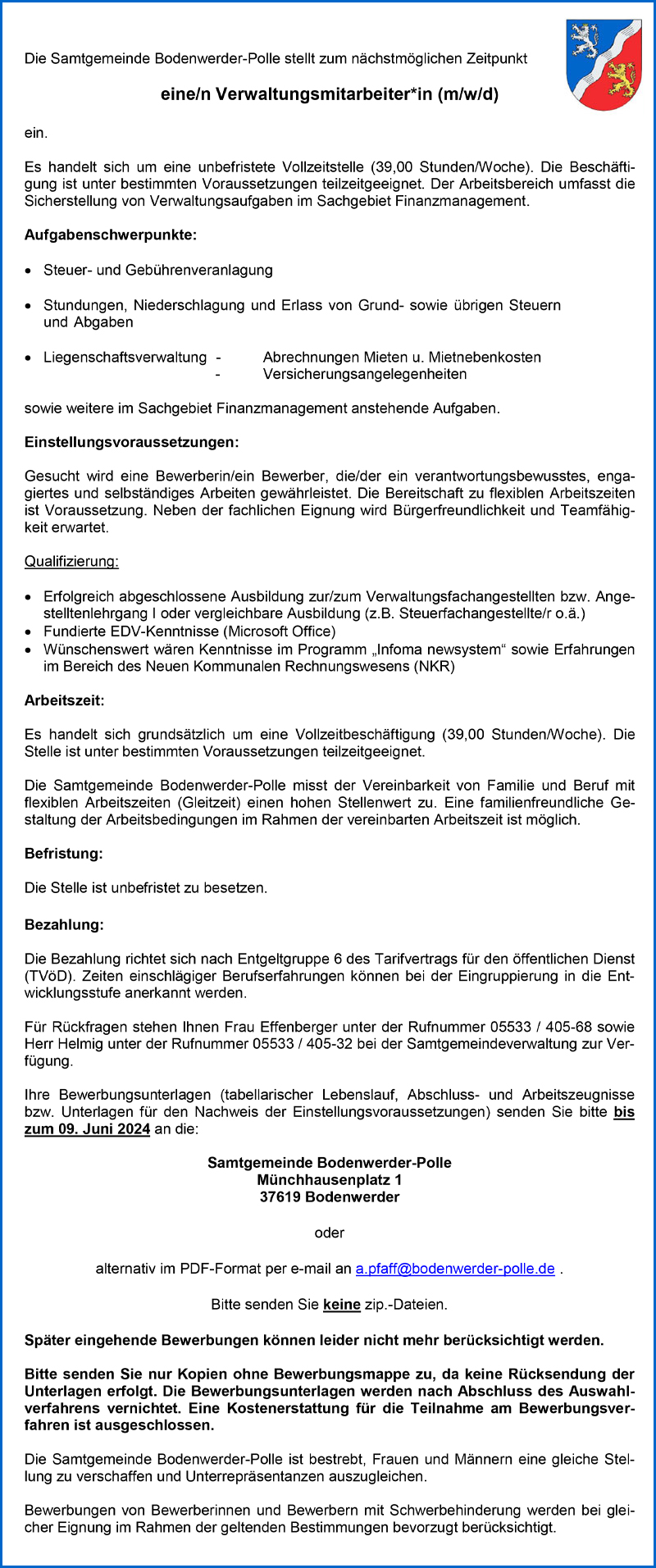 Verwaltungsmitarbeiter/in - (m/w/d) - Samtgemeinde Bodenwerder-Polle 