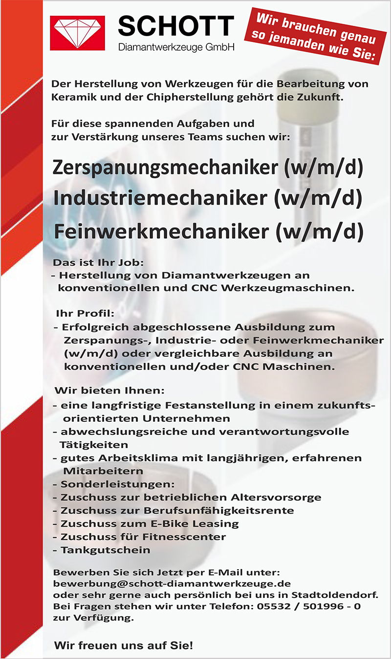 Zerspanungsmechaniker*in / Industriemechaniker*in / Feinwerkmechaniker*in (m/w/d) - Schott Diamantwerkzeuge GmbH