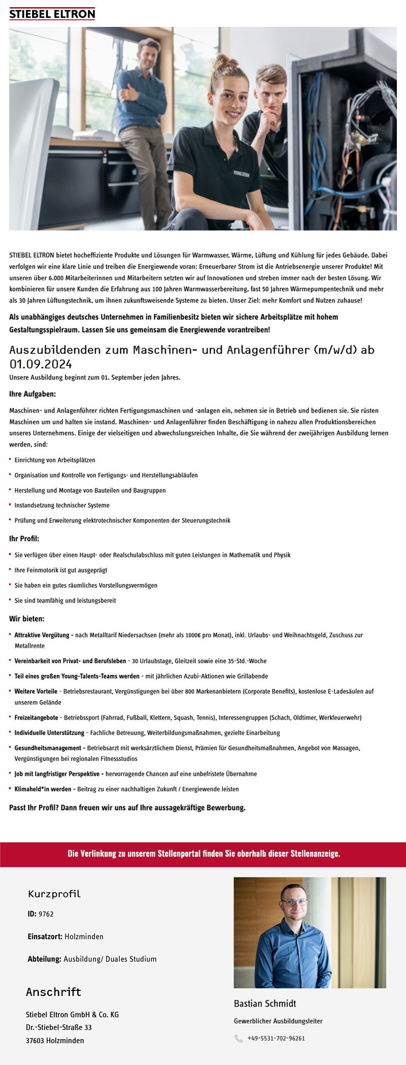  Auszubildenden zum Maschinen- und Anlagenführer (m/w/d) ab 01.09.2024 - Stiebel Eltron GmbH & Co. KG
