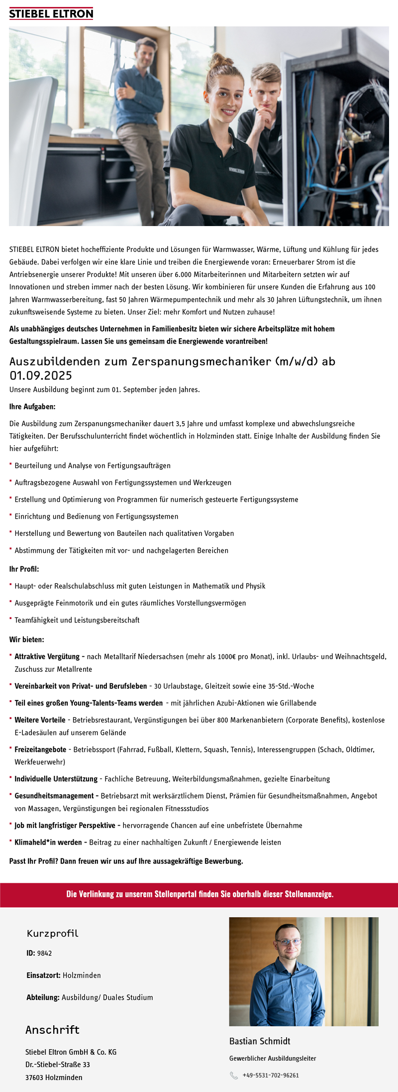 Auszubildenden zum Zerspanungsmechaniker (m/w/d) ab 01.09.2025 - Stiebel Eltron GmbH & Co. KG