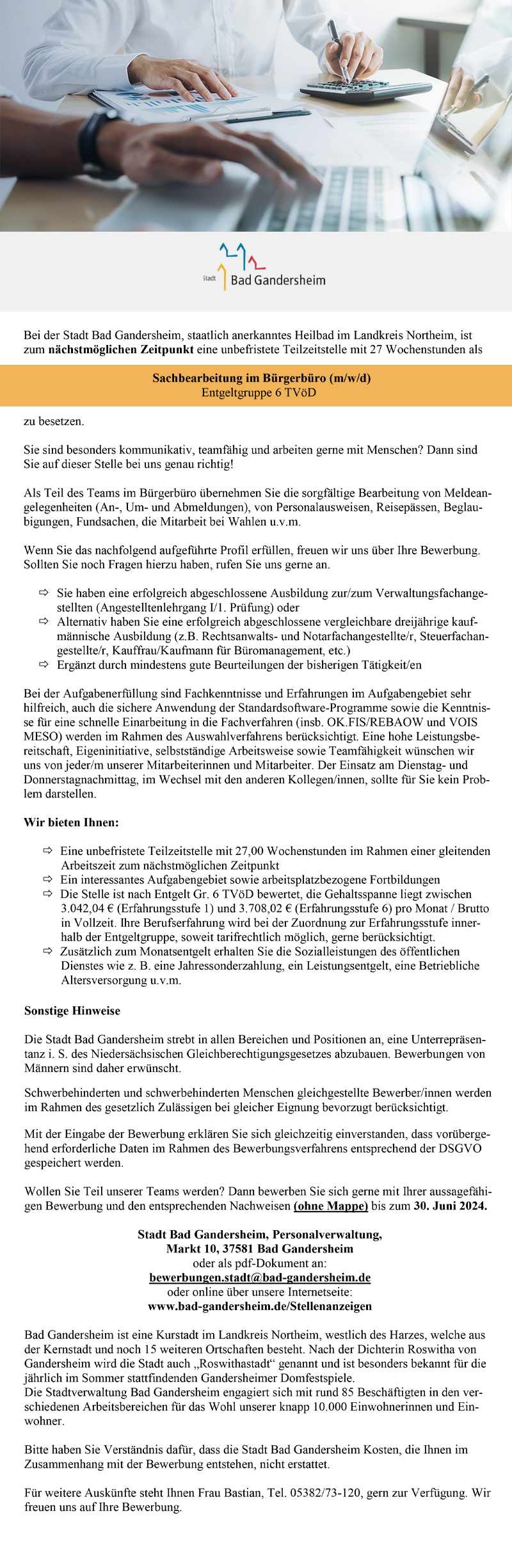 Sachbearbeitung im Bürgerbüro (m/w/d)  - Stadt Bad Gandersheim 