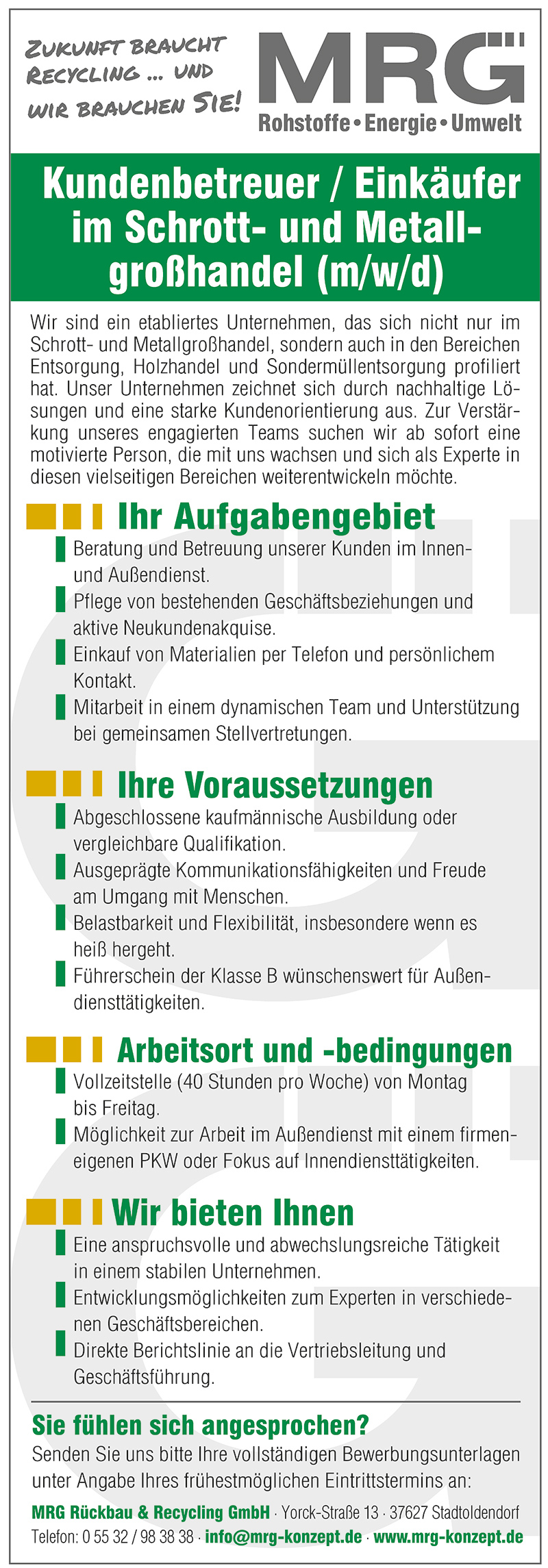 Kundenbetreuer*in / Einkäufer*in im Schrott- und Metallgroßhandel (m/w/d) - MRG Rückbau & Recycling GmbH