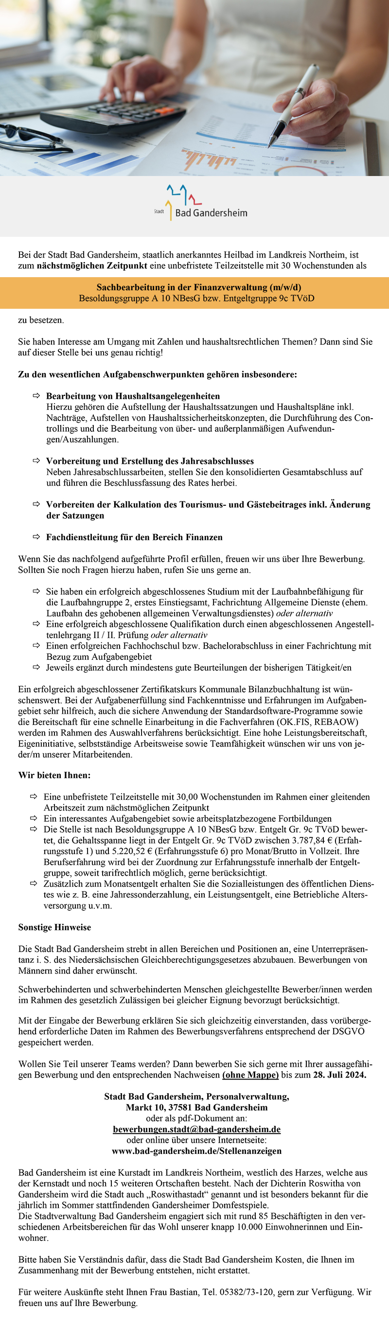 Sachbearbeitung in der Finanzverwaltung (m/w/d)  - Stadt Bad Gandersheim 