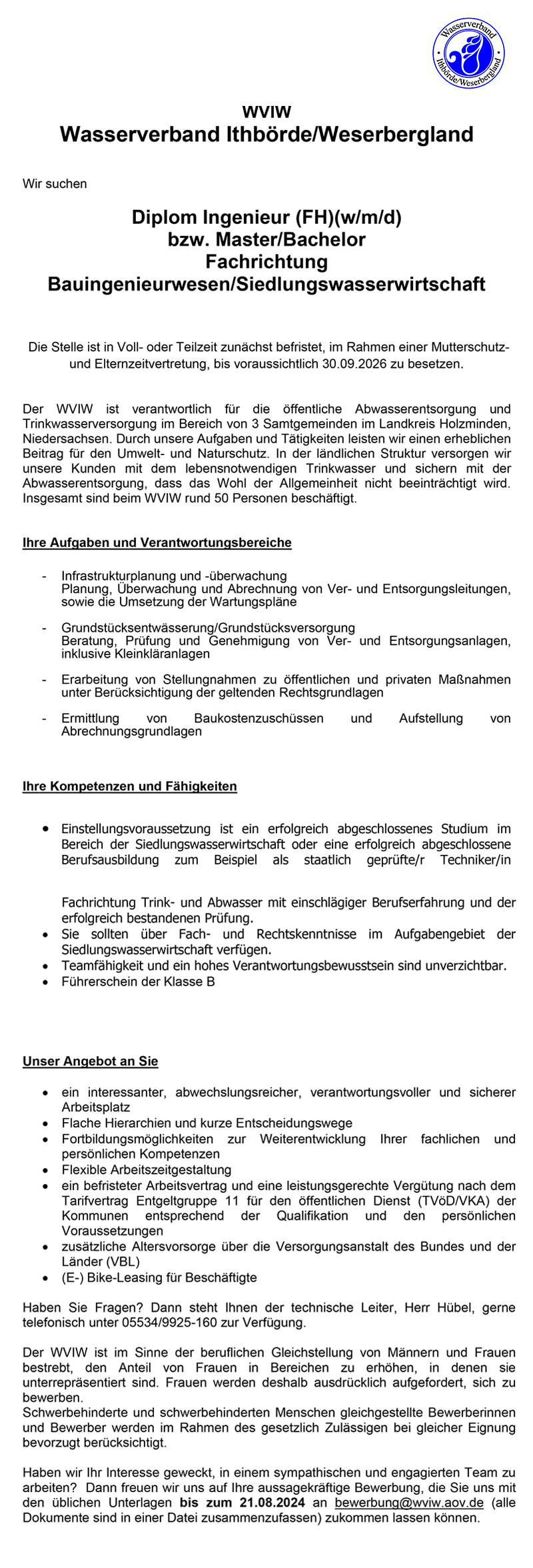 Diplom Ingenieur bzw. Master/Bachelor (m/w/d) - WVIW Wasserverband Ithbörde/Weserbergland