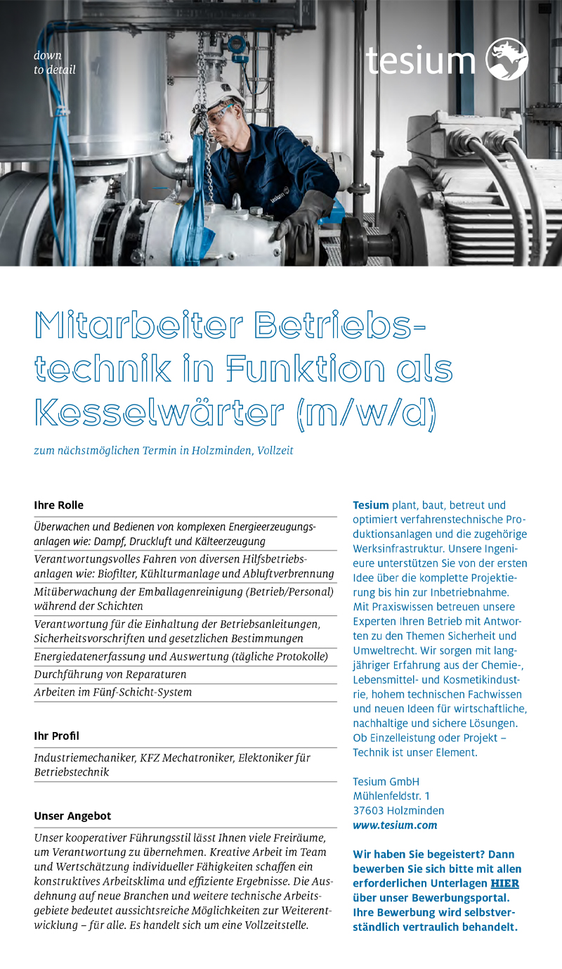 Mitarbeiter Betriebstechnik in Funktion als Kesselwärter (m/w/d) - Tesium GmbH