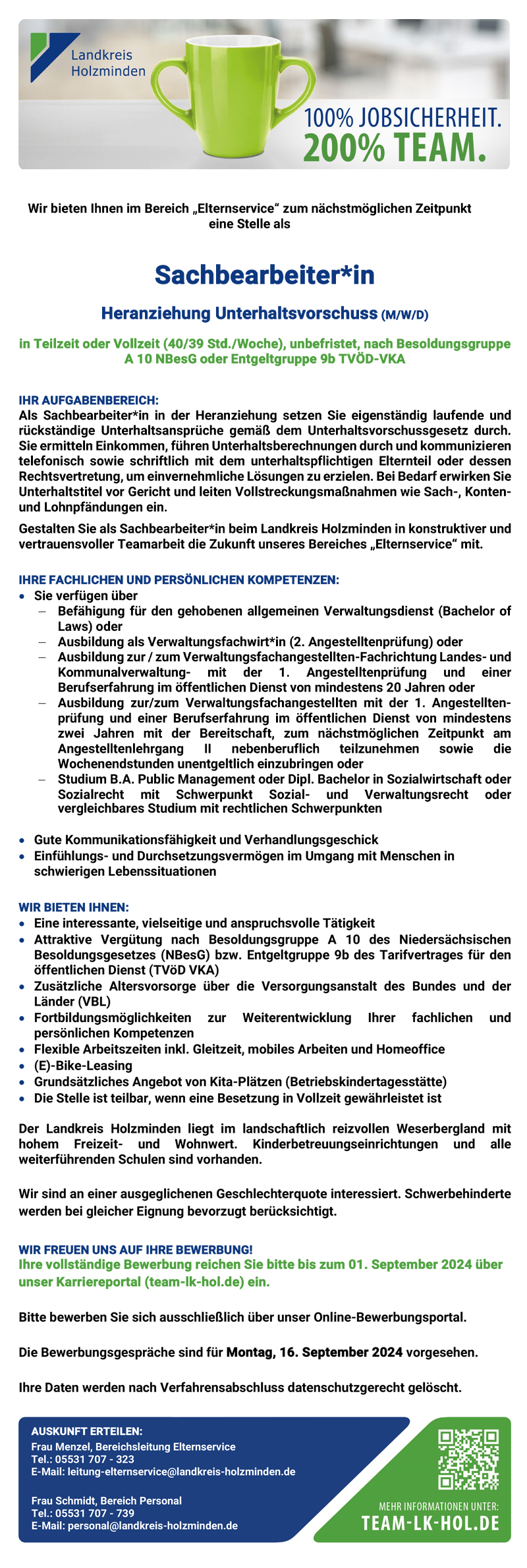 Sachbearbeiter/in (m/w/d) Heranziehung Unterhaltsvorschuss - Landkreis Holzminden 