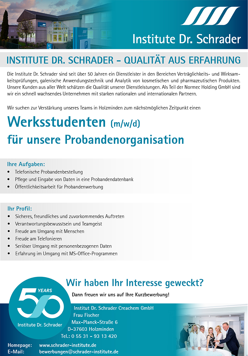 Werkstudenten (m/w/d) für unsere Probandenorganisation - Institute Dr. Schrader