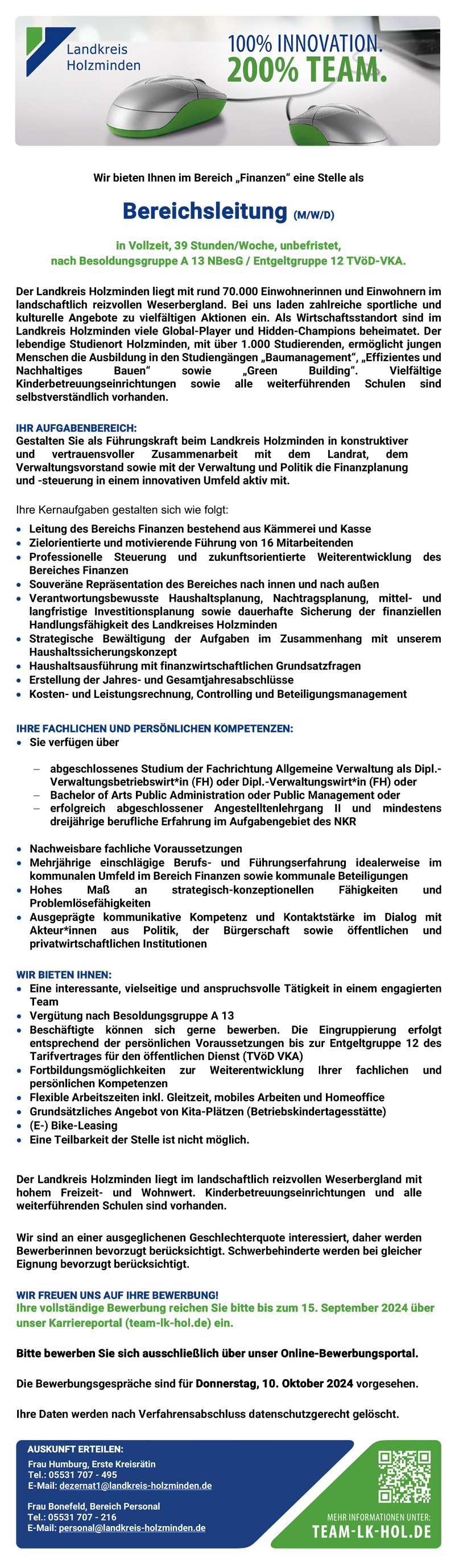 Bereichsleitung (m/w/d) im Bereich Finanzen - Landkreis Holzminden