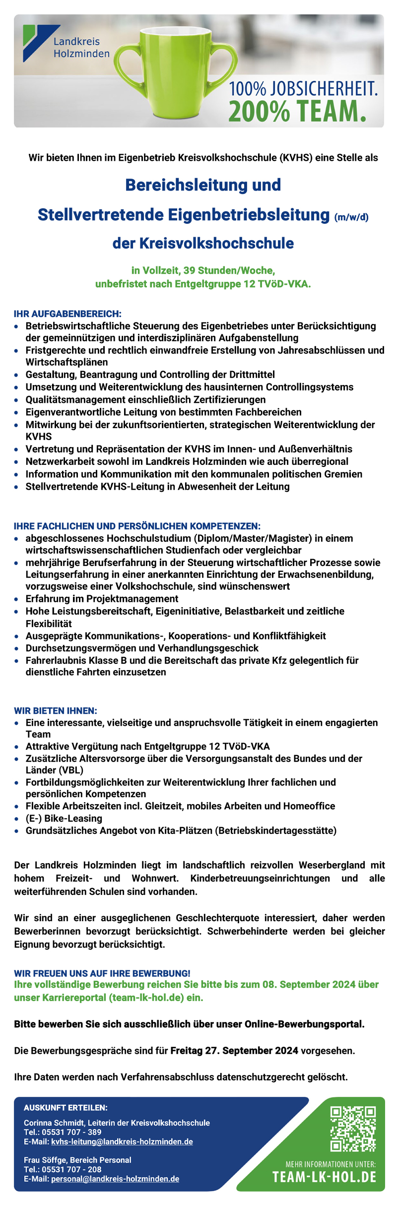 Bereichsleitung und stellvertretende Eigenbereichsleitung (m/w/d) der Kreisvolkshochschule - Landkreis Holzminden 