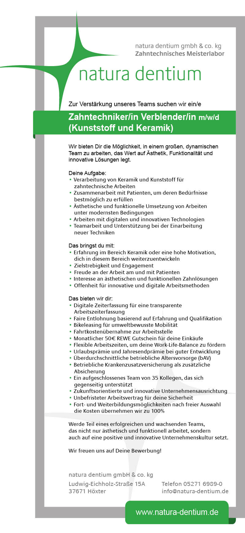 Zahntechniker/in, Verblender/in im Bereich Kunststoff und Keramik (m/w/d) - Natura Dentium