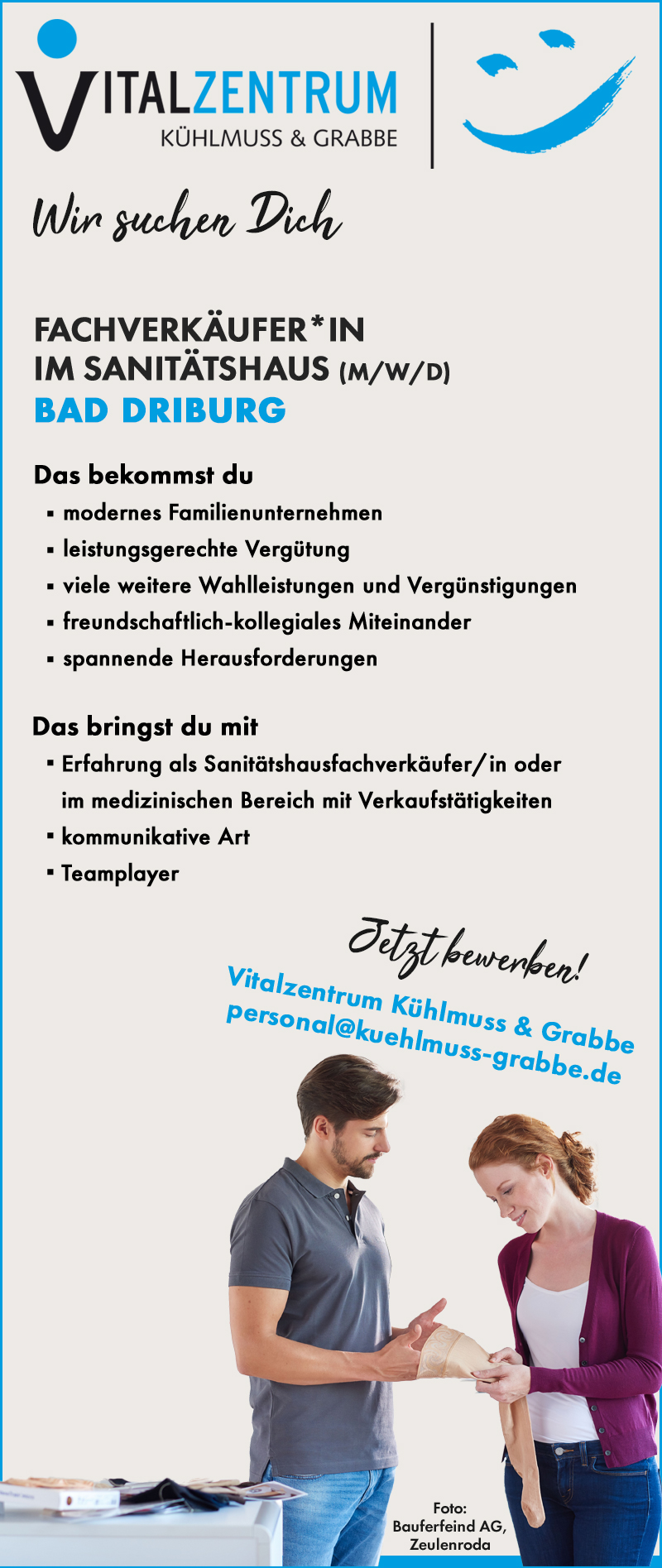 Fachverkäufer*in im Sanitätshaus (m/w/d) für Bad Driburg - Vitalzentrum Kühlmuss & Grabbe GmbH