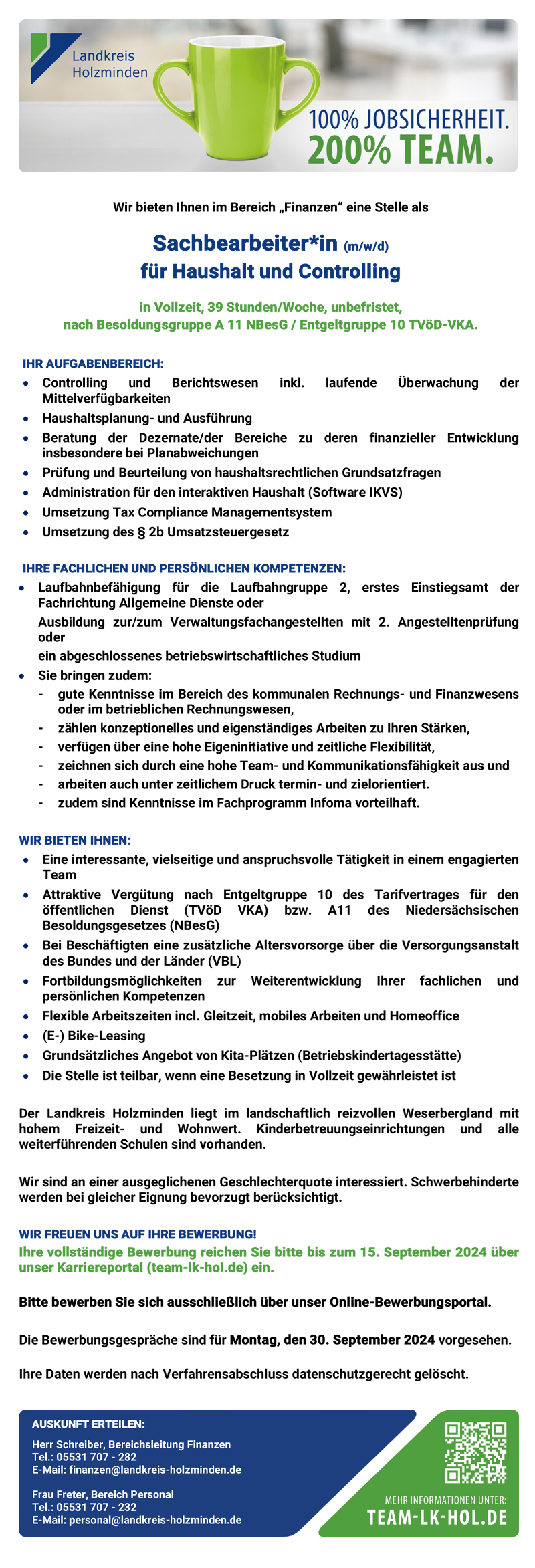 Sachbearbeiter/in (m/w/d) für Haushalt und Controlling im Bereich Finanzen - Landkreis Holzminden 