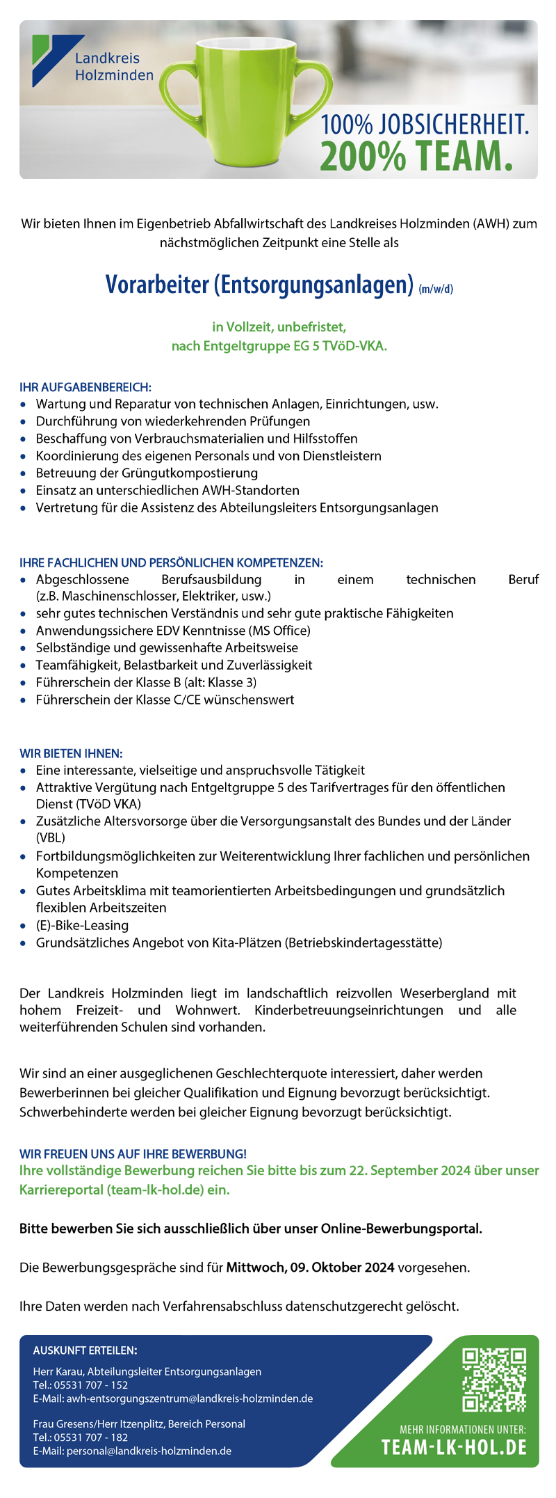 Vorarbeiter/in Entsorgungsanlagen (m/w/d) - Landkreis Holzminden 