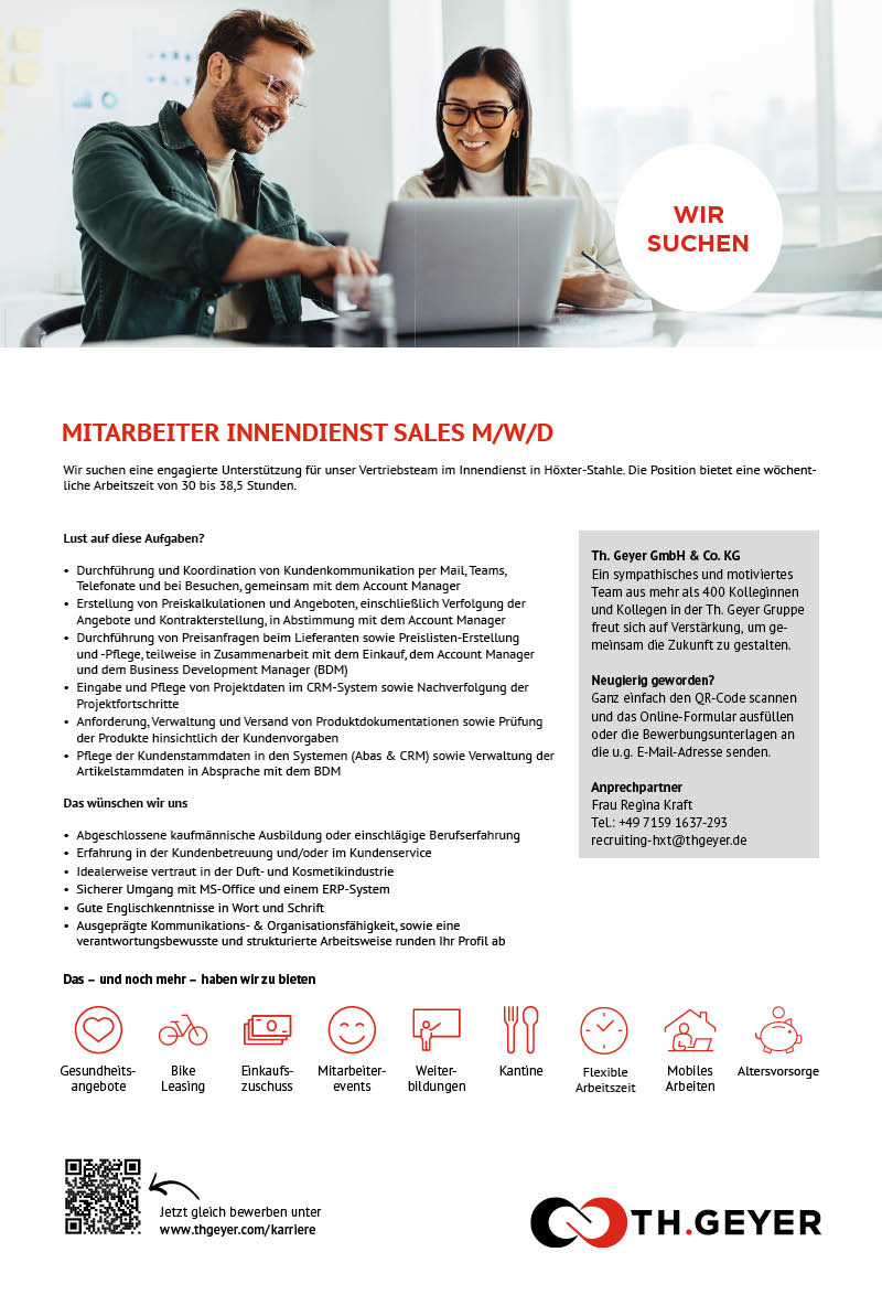 Mitarbeiter Innendienst Sale (m/w/d) - TH.GEYER Höxter-Stahle