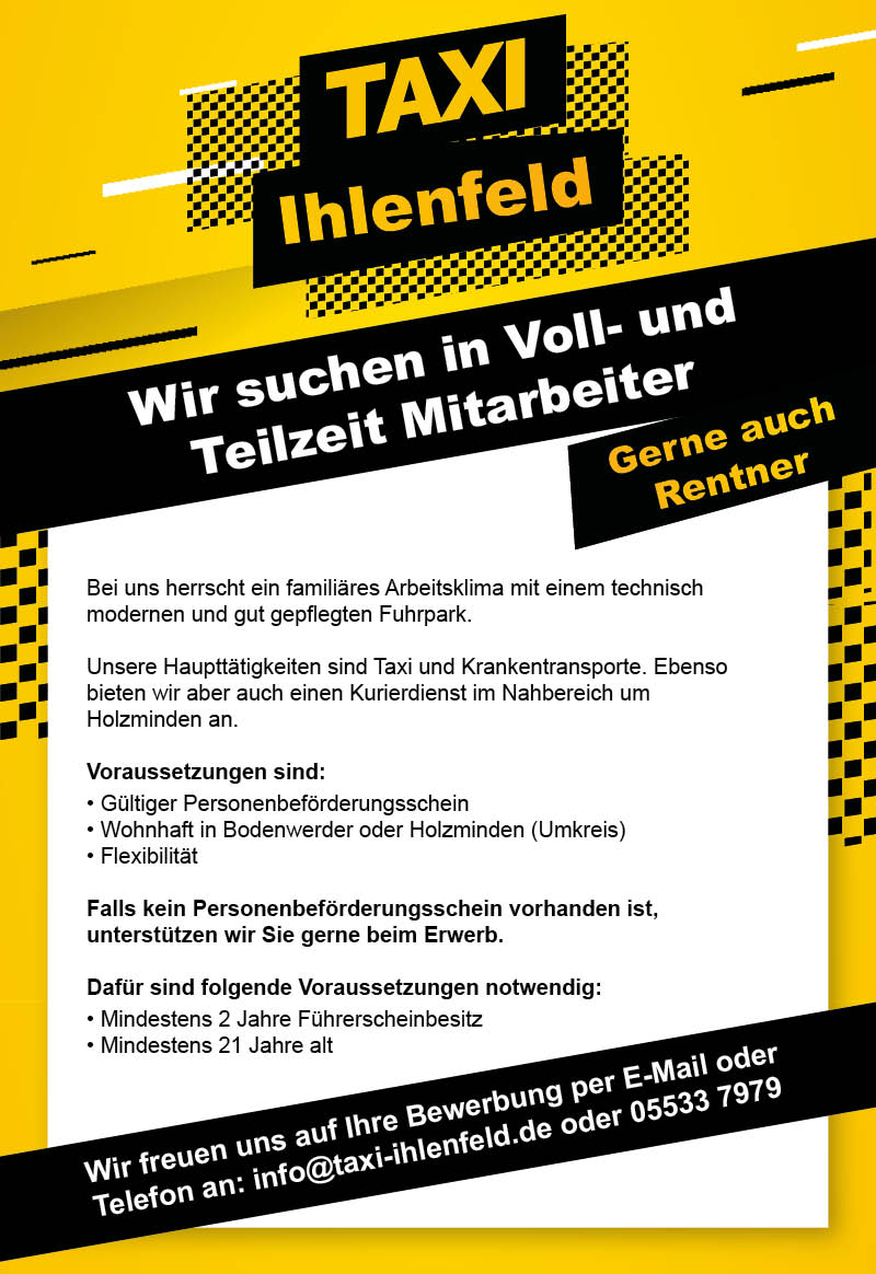 Mitarbeiter in Voll- und Teilzeit (m/w/d) gerne auch Rentner - Taxi Ihlenfeld 