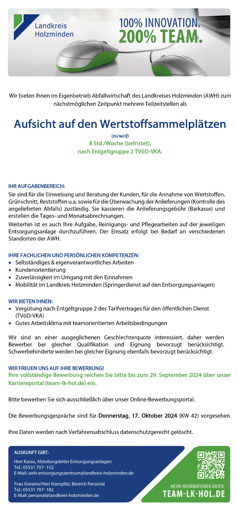 Aufsicht auf den Wertstoffsammelplätzen (m/w/d) - Landkreis Holzminden