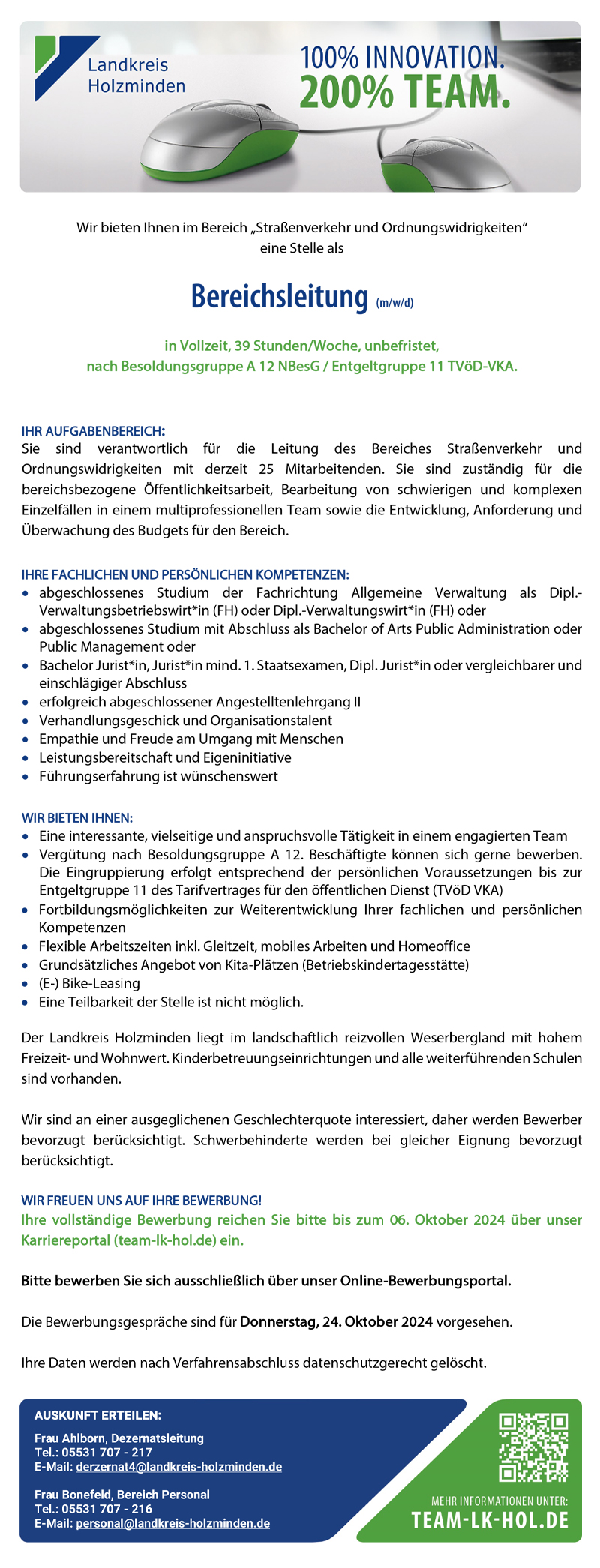 Bereichsleitung (m/w/d) im Bereich Straßenverkehr und Ordnungswidrigkeiten - Landkreis Holzminden 