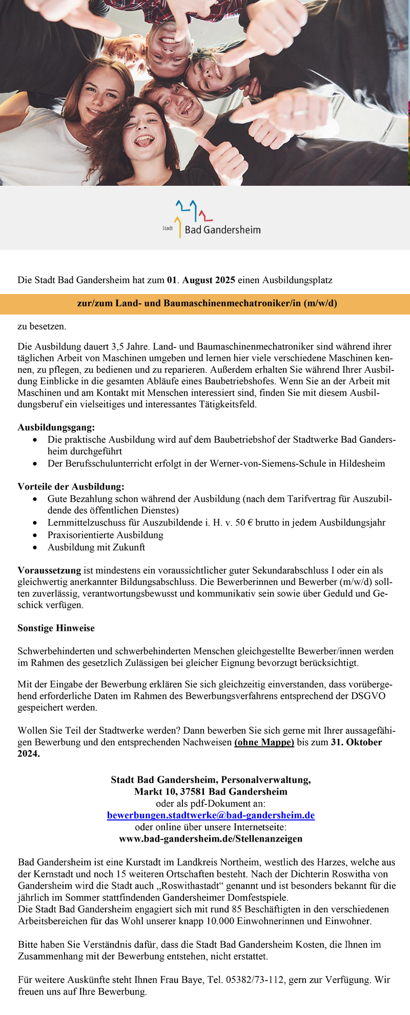 Ausbildungsplatz zur/zum Land- und Baumaschinenmechatroniker/in (m/w/d) - Stadt Bad Gandersheim 