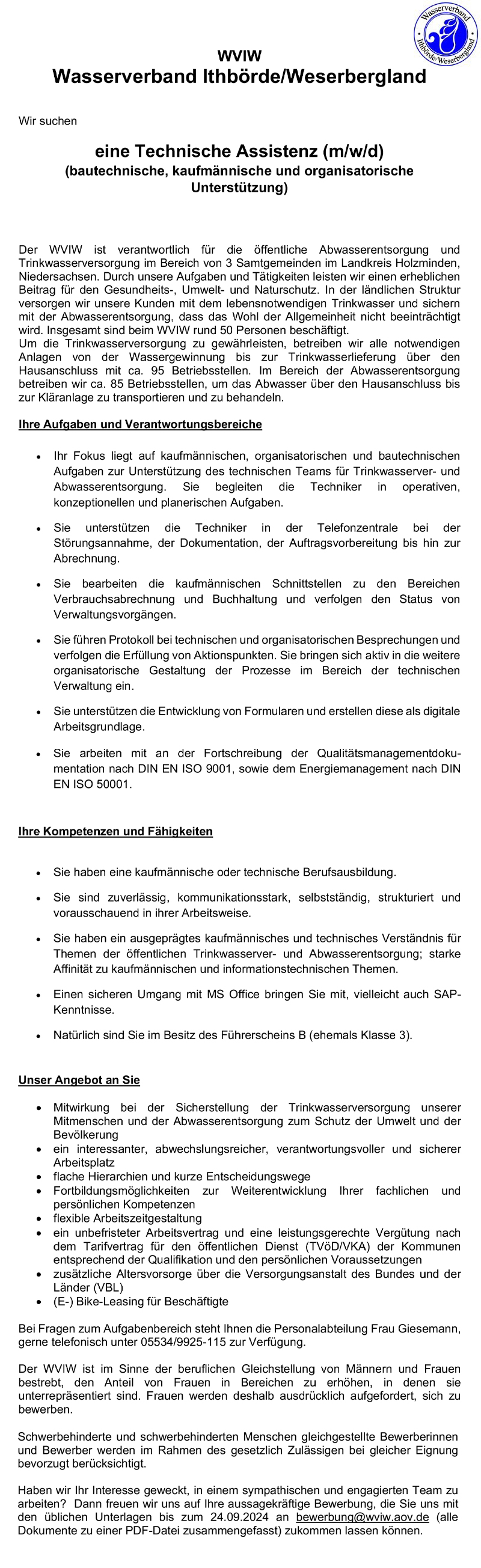 Technische Assistenz (m/w/d) - WVIW Wasserverband Ithbörde/Weserbergland