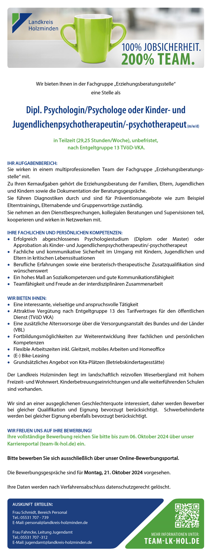 Dipl. Psychologin/Psychologe oder Kinder- und Jugendlichenpsychotherapeutin/ -psychotherapeut (m/w/d) - Landkreis Holzminden