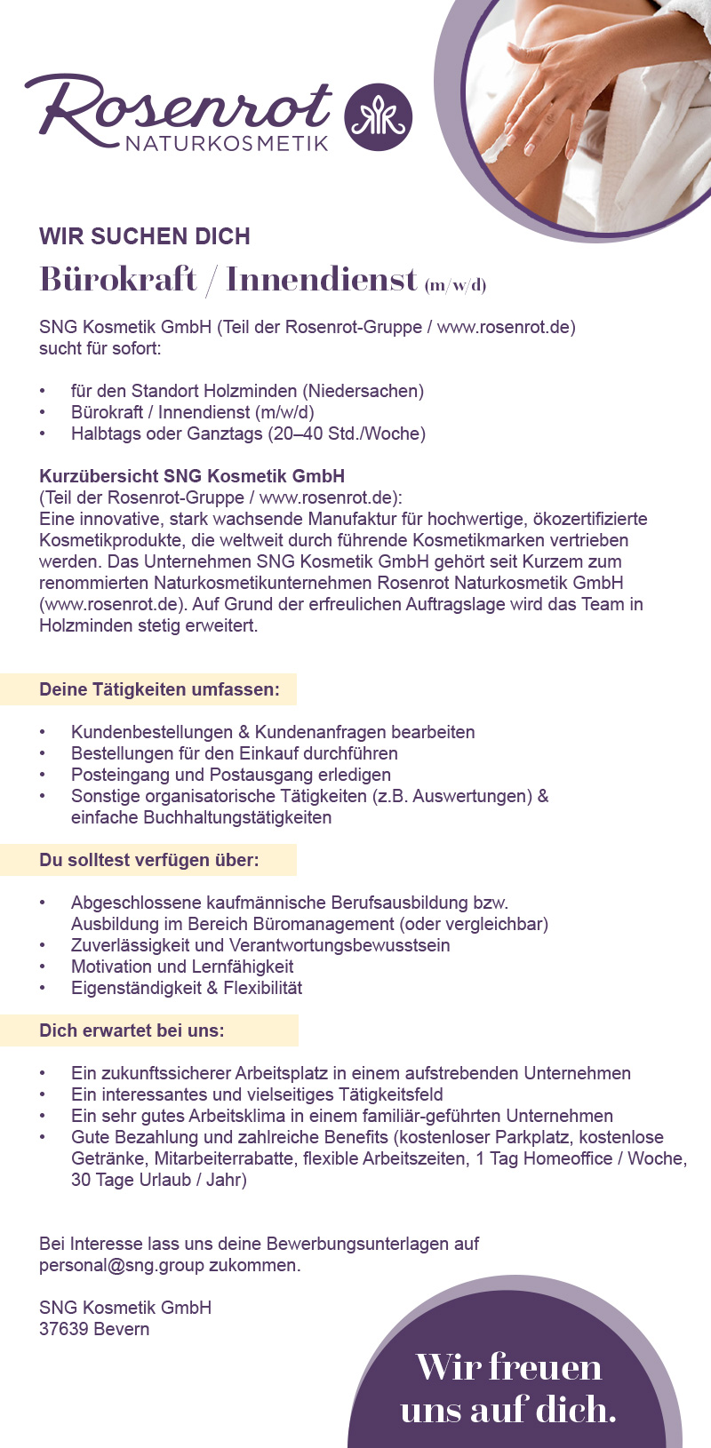 Bürokraft / Innendienst (m/w/d) - SNG Kosmetik GmbH (Rosenrot-Gruppe) 