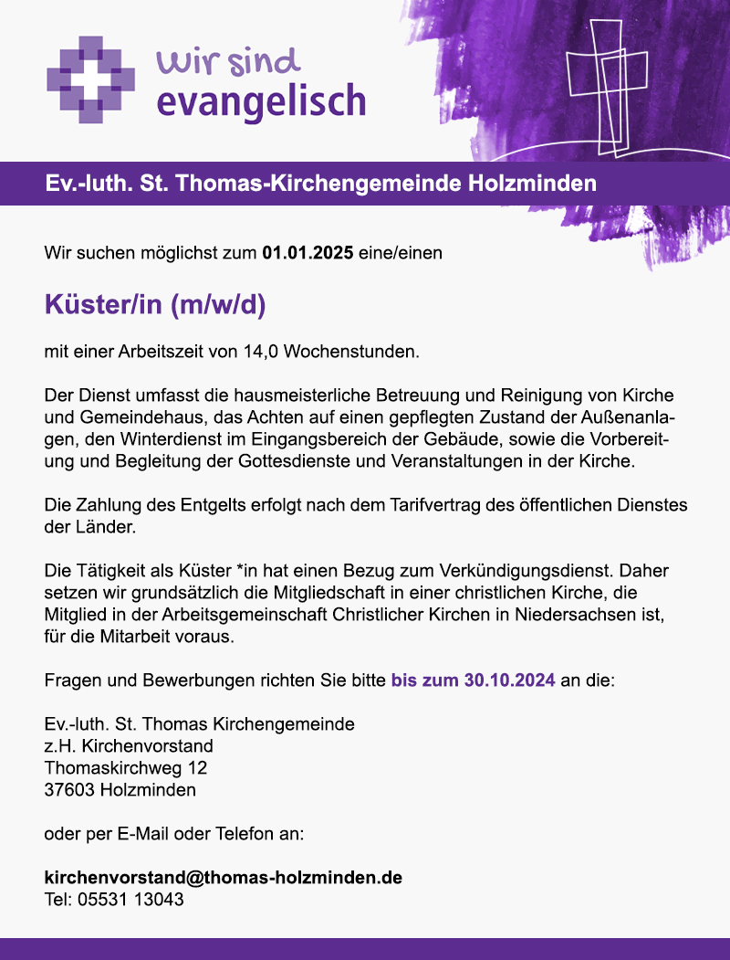 Küster/in (m/w/d) - Ev.-luth. St. Thomas-Kirchengemeinde Holzminden