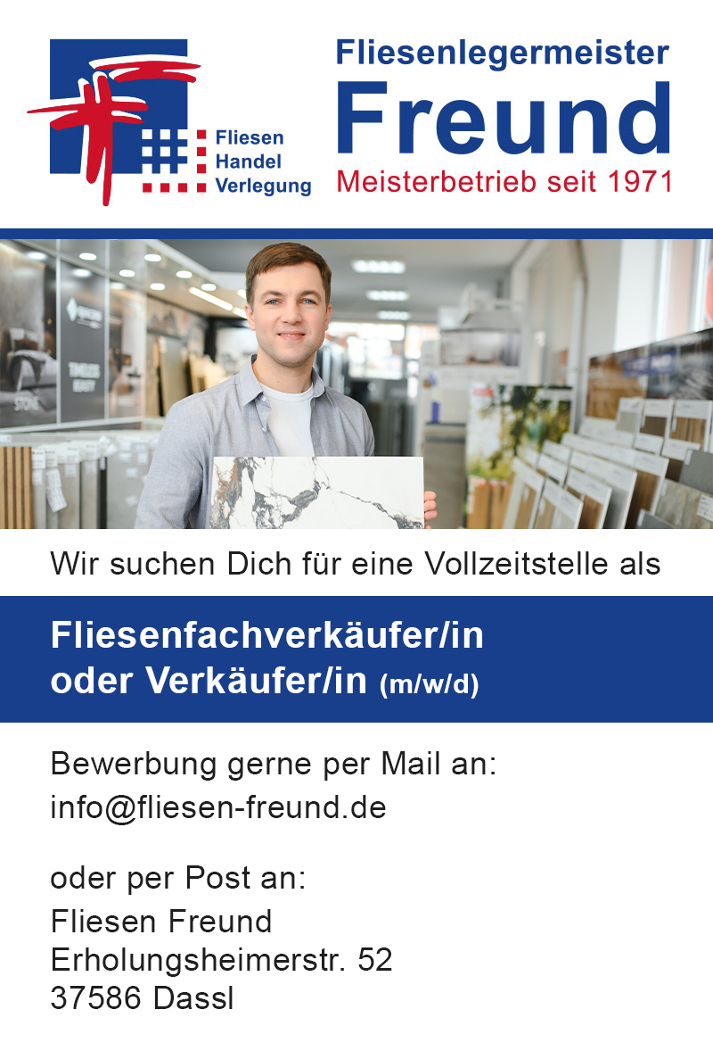 Fliesenfachverkäufer/in  oder Verkäufer/in (m/w/d) - Fliesen Freund Dassel