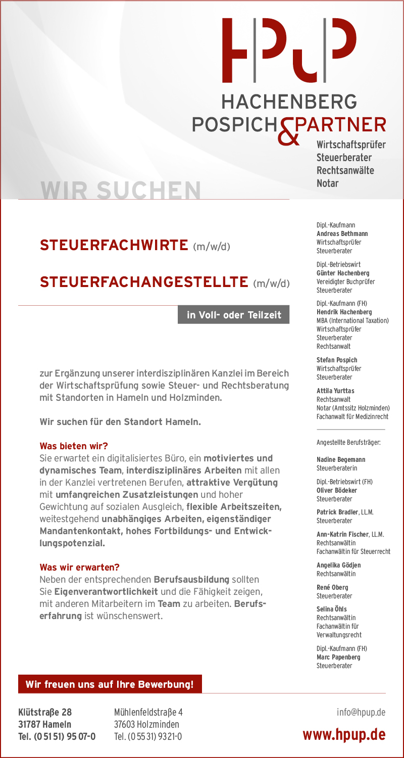 Steuerfachwirte, Steuerfachangestellte (m/w/d) - Hachenberg, Pospich & Partner Hameln