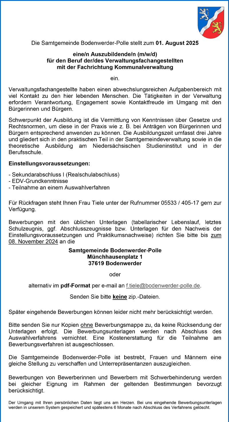 Ausbildungsplatz 2025 zum/zur Verwaltungsfachangestellten (m/w/d) mit der Fachrichtung Kommunalverwaltung - Samtgemeinde Bodenwerder-Polle 