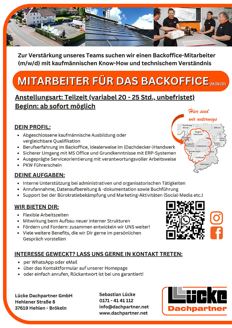 Mitarbeiter/in im Backoffice (m/w/d) - Lücke Dachpartner GmbH