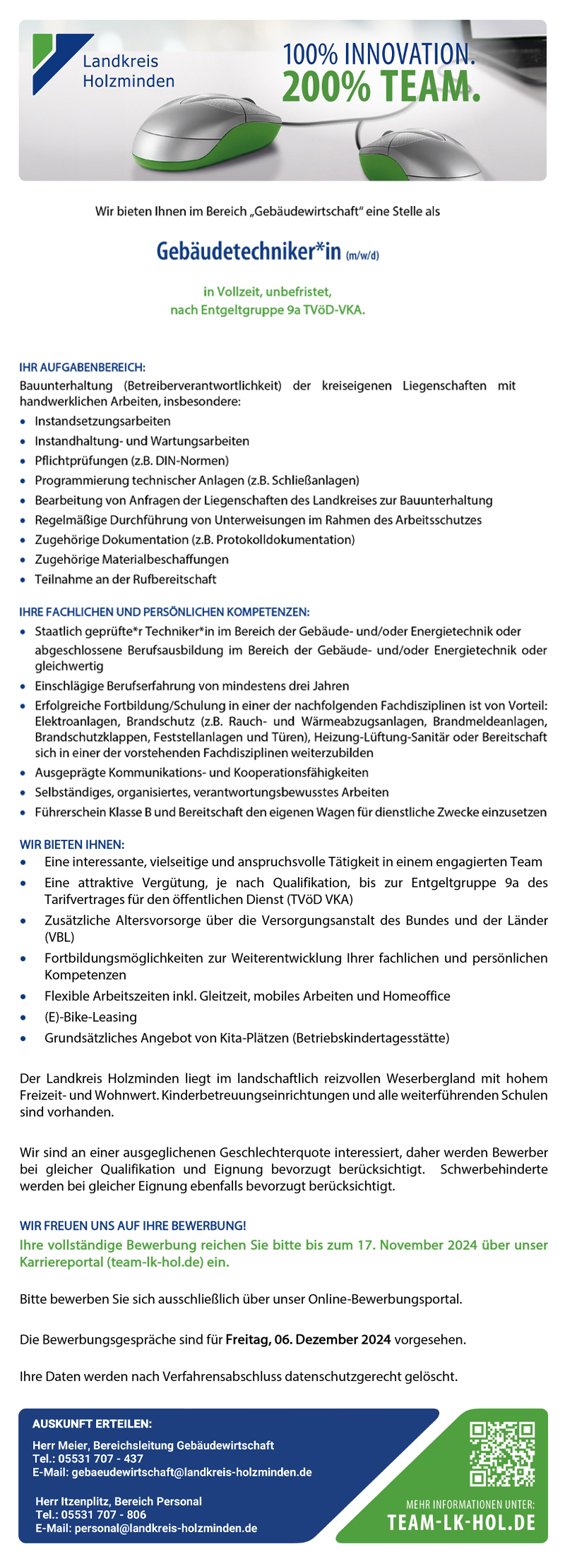 Gebäudetechniker/in (m/w/d) im Bereich Gebäudewirtschaft - Landkreis Holzminden 