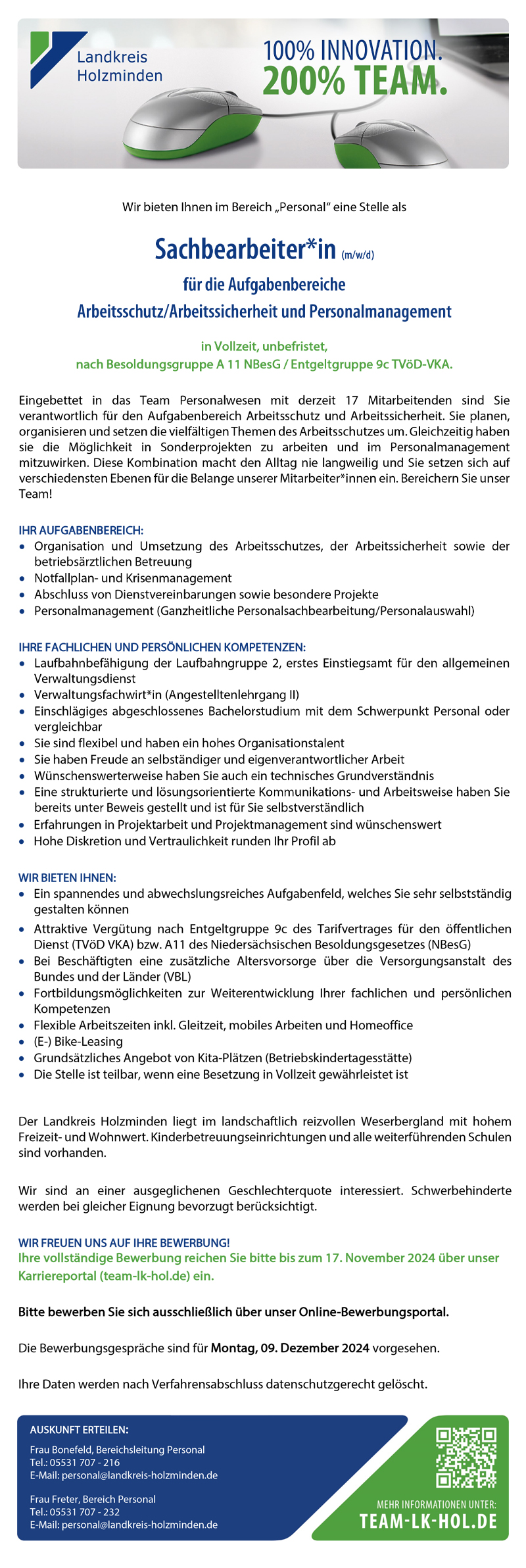 Sachbearbeiter/in für die Aufgabenbereiche Arbeitsschutz/Arbeitssicherheit und Personalmanagement (m/w/d) - Landkreis Holzminden 