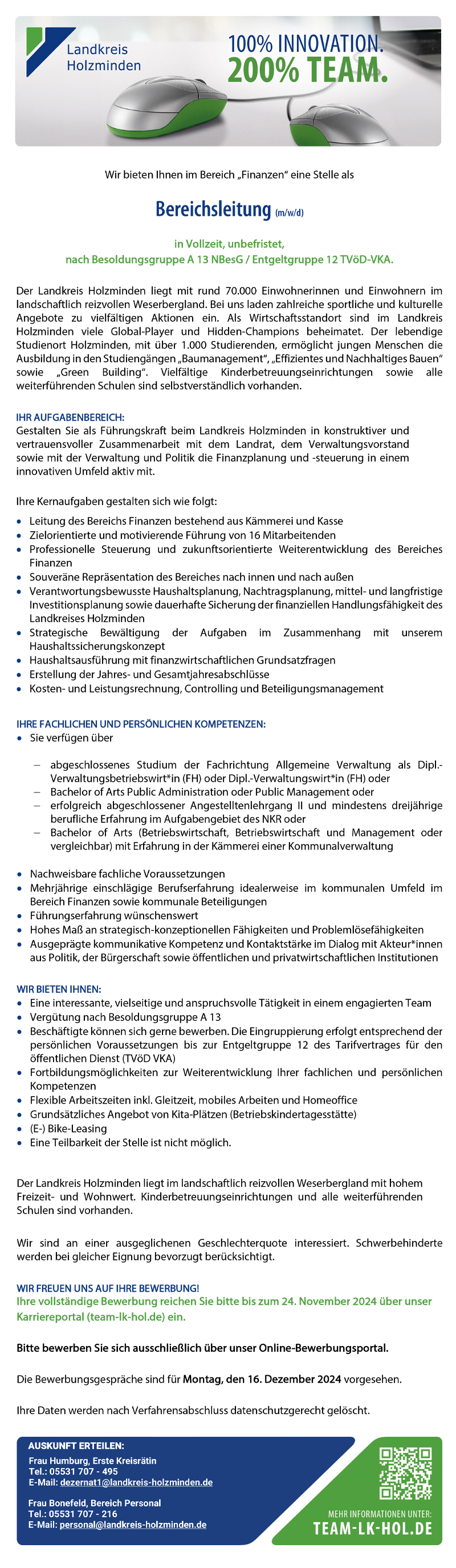 Bereichsleitung (m/w/d) im Bereich Finanzen - Landkreis Holzminden 