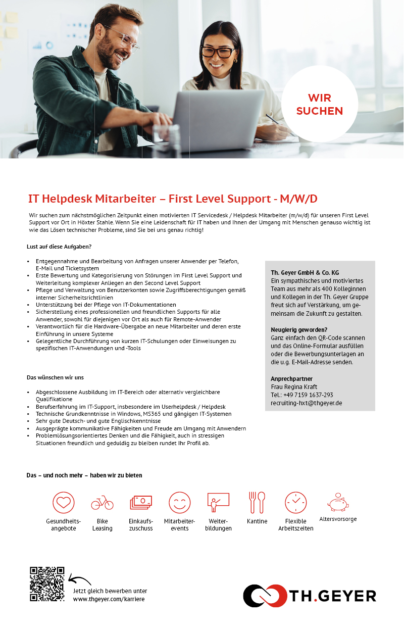 IT Helpdesk Mitarbeiter/in - First Level Support (m/w/d) - TH.GEYER Höxter-Stahle