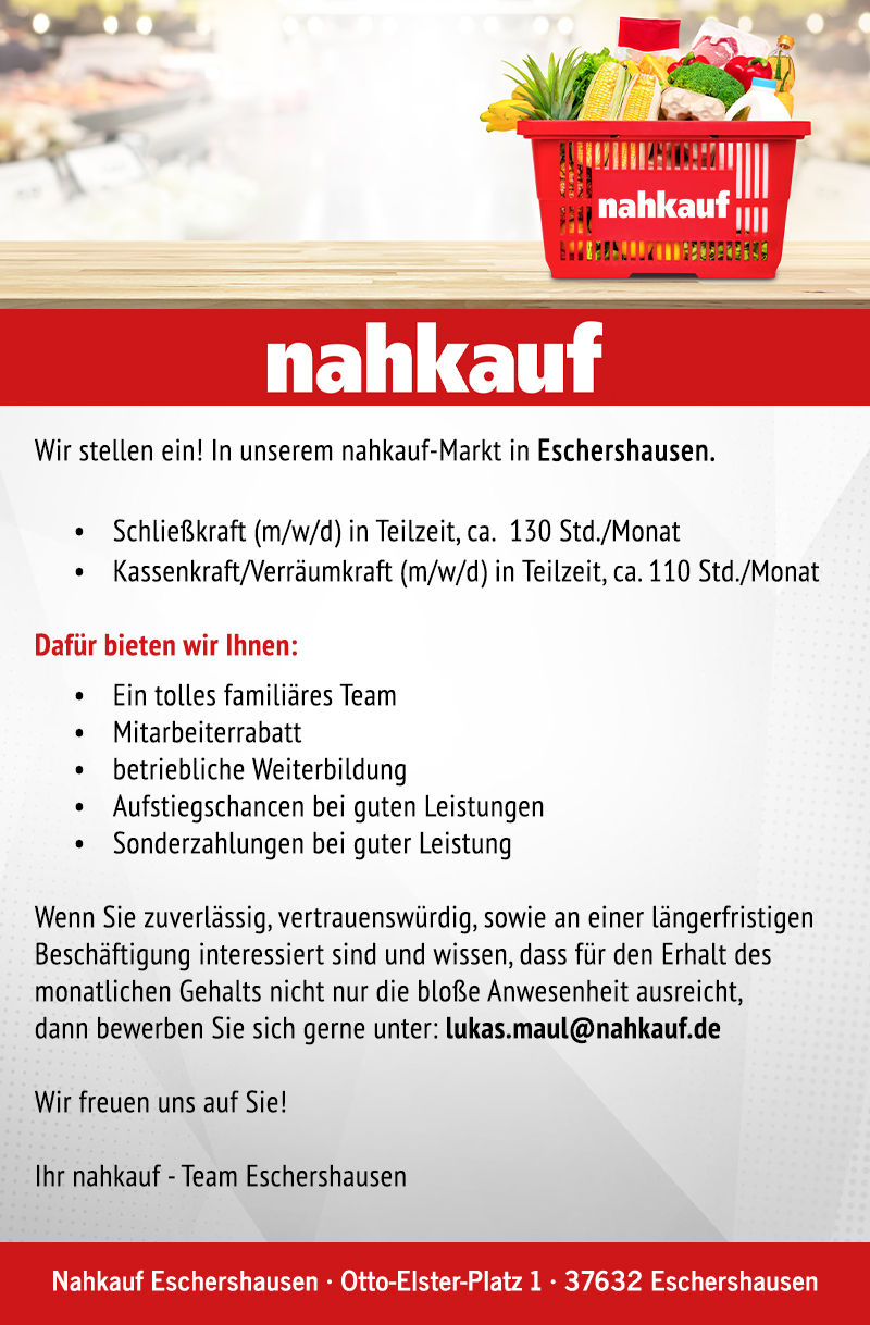 Schließkraft (m/w/d), Kassenkraft/Verräumkraft (m/w/d) - Nahkauf Eschershausen