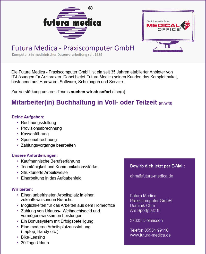 Mitarbeiter/in in der Buchhaltung (m/w/d) - Futura Medica - Praxiscomputer GmbH