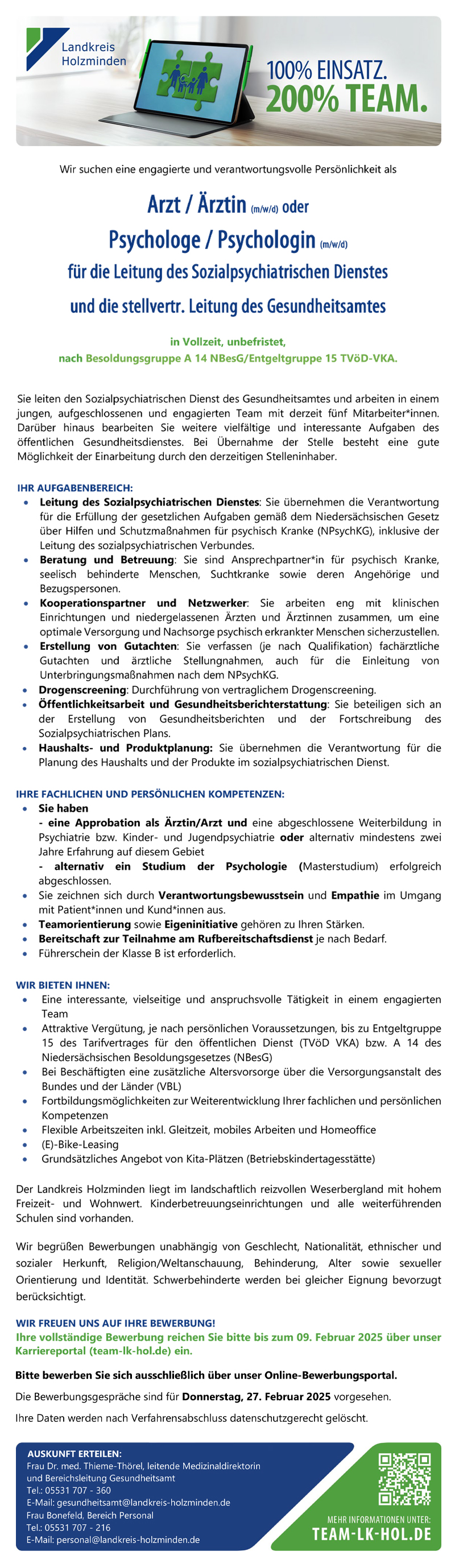 Arzt/Ärztin (m/w/d) oder Psychologe/in (m/w/d) - Landkreis Holzminden