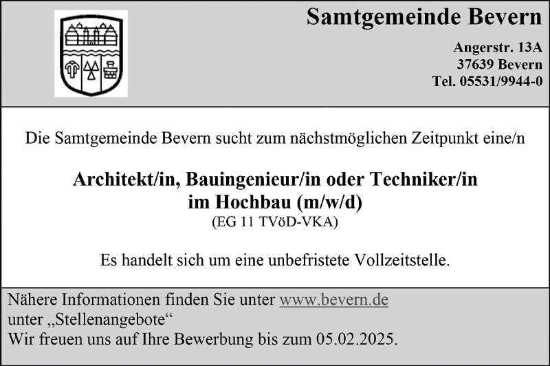 Architekt/in, Bauingenieur/in oder Techniker/in im Hochbau (m/w/d) - Samtgemeinde Bevern