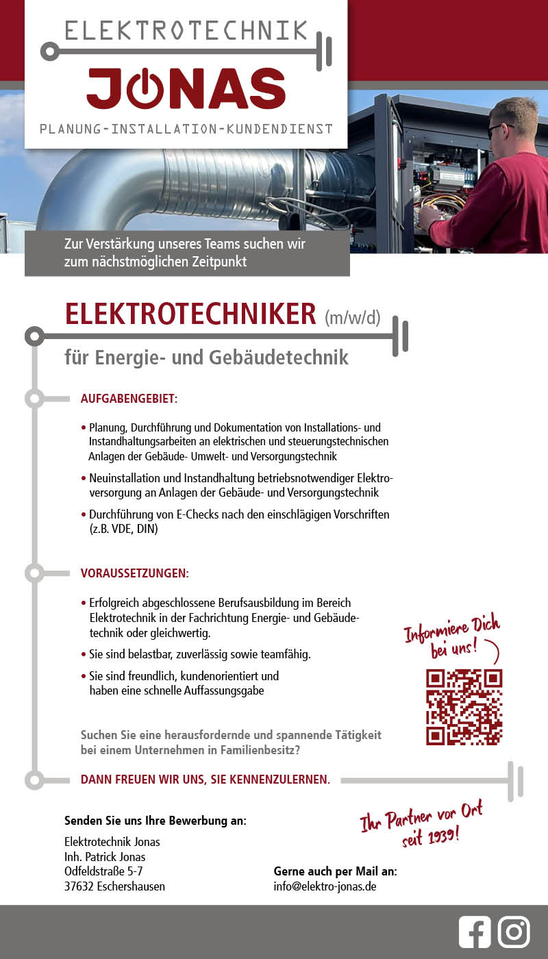 Elektrotechniker/in (m/w/d) - Elektrotechnik Jonas