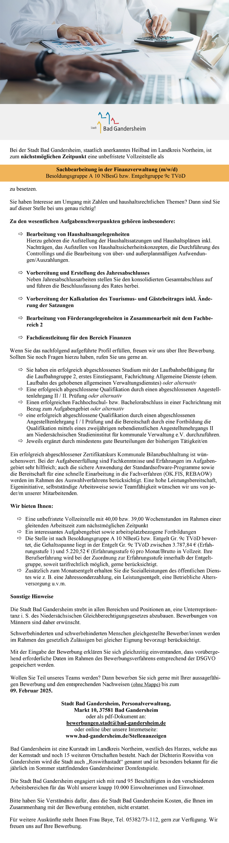 Sachbearbeitung in der Finanzverwaltung (m/w/d) - Stadt Bad Gandersheim