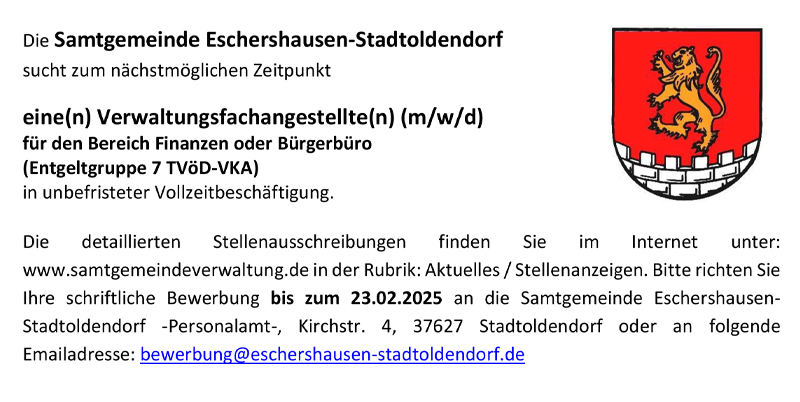 Verwaltungsfachangestellte/n (m/w/d) -  Samtgemeinde Eschershausen - Stadtoldendorf