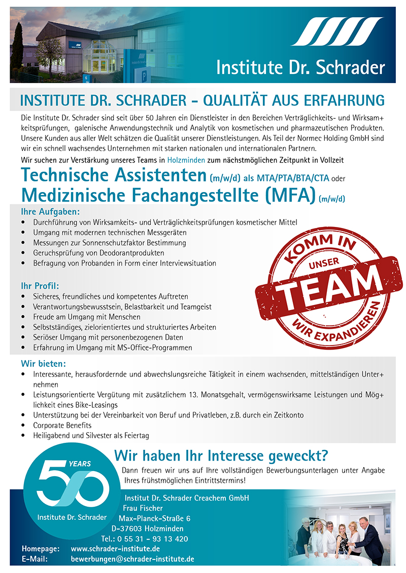 Technische Assistenten (m/w/d) oder medizinische Fachangestellte (MFA) (m/w/d) - Institute Dr. Schrader Creachem GmbH