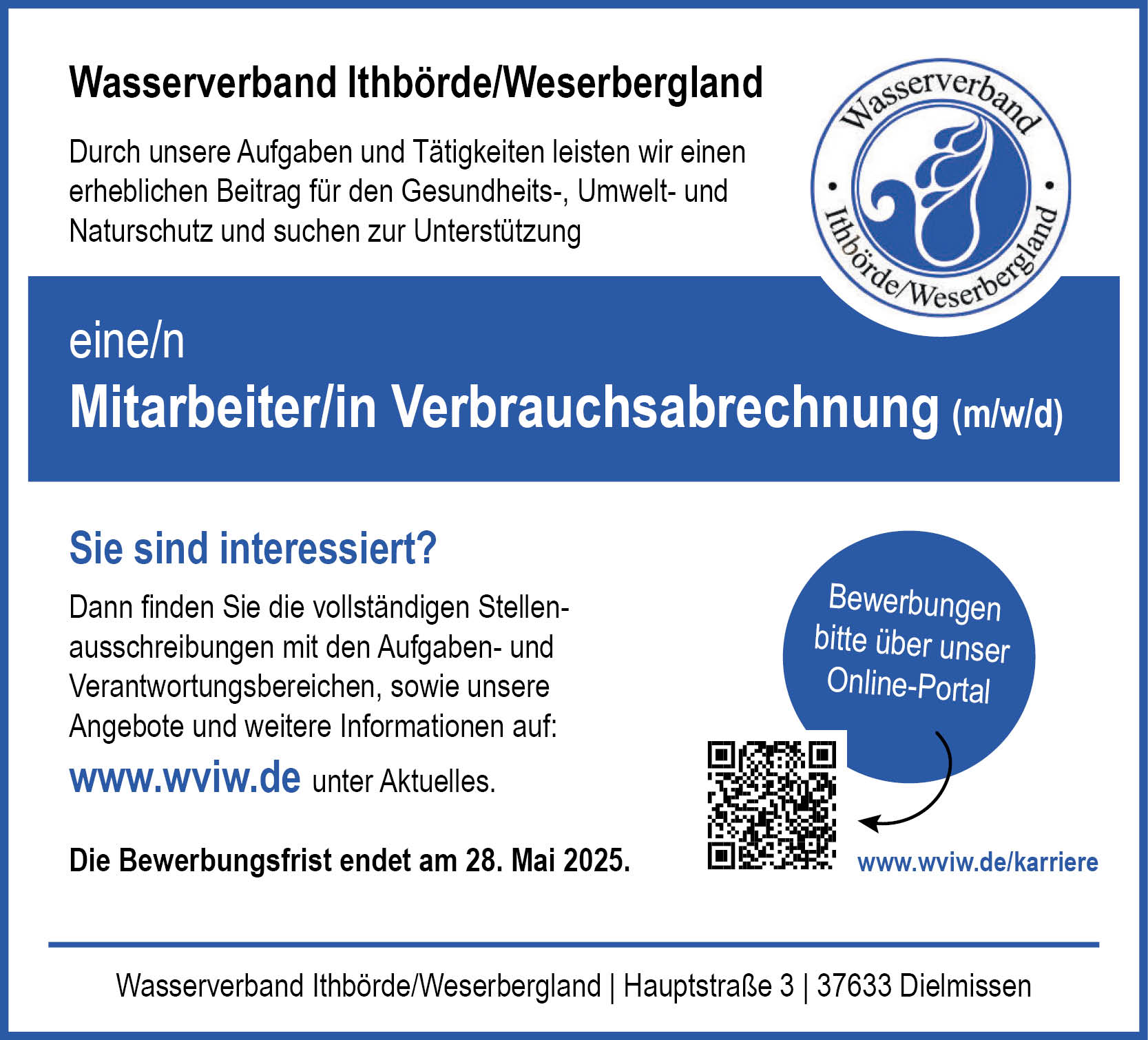 Mitarbeiter/in Verbrauchsabrechnung (m/w/d) - WVIW Wasserverband Ithbörde/Weserbergland